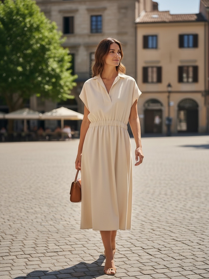 Melloday Nordstrom Cream Collared Midi Dress With Elastic Waist